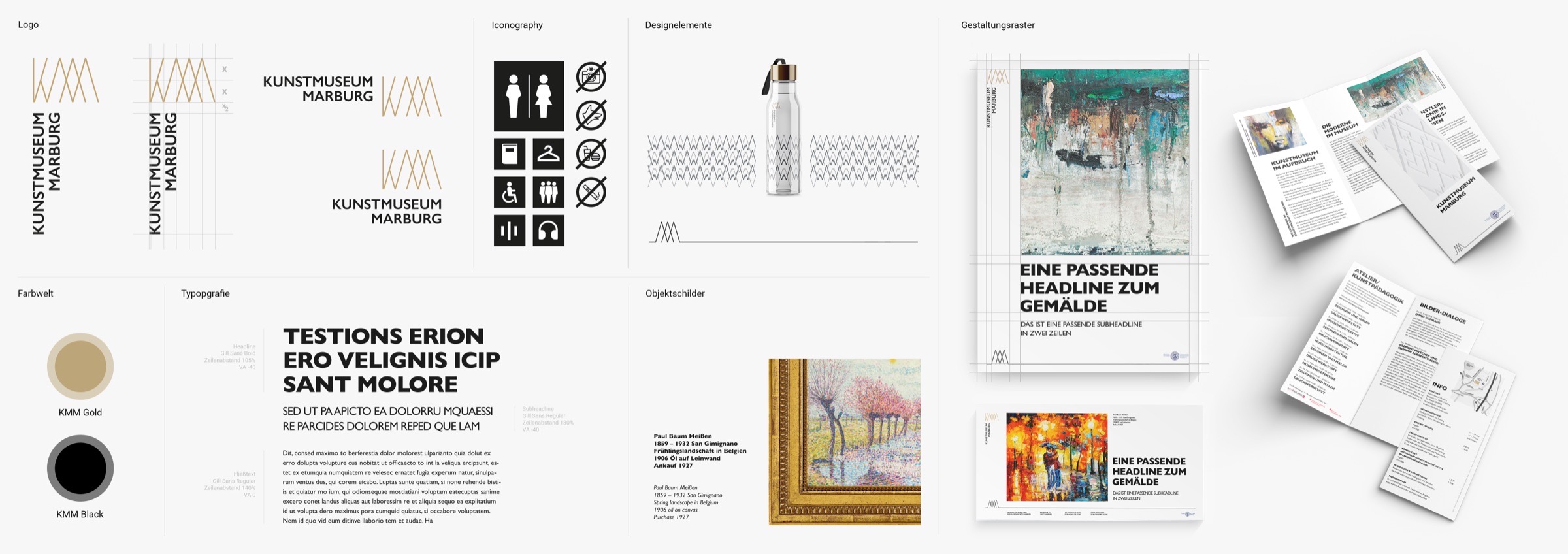 Corporate design moodboard Kunstmuseum Marburg — logo, typography, colour system and layout grid