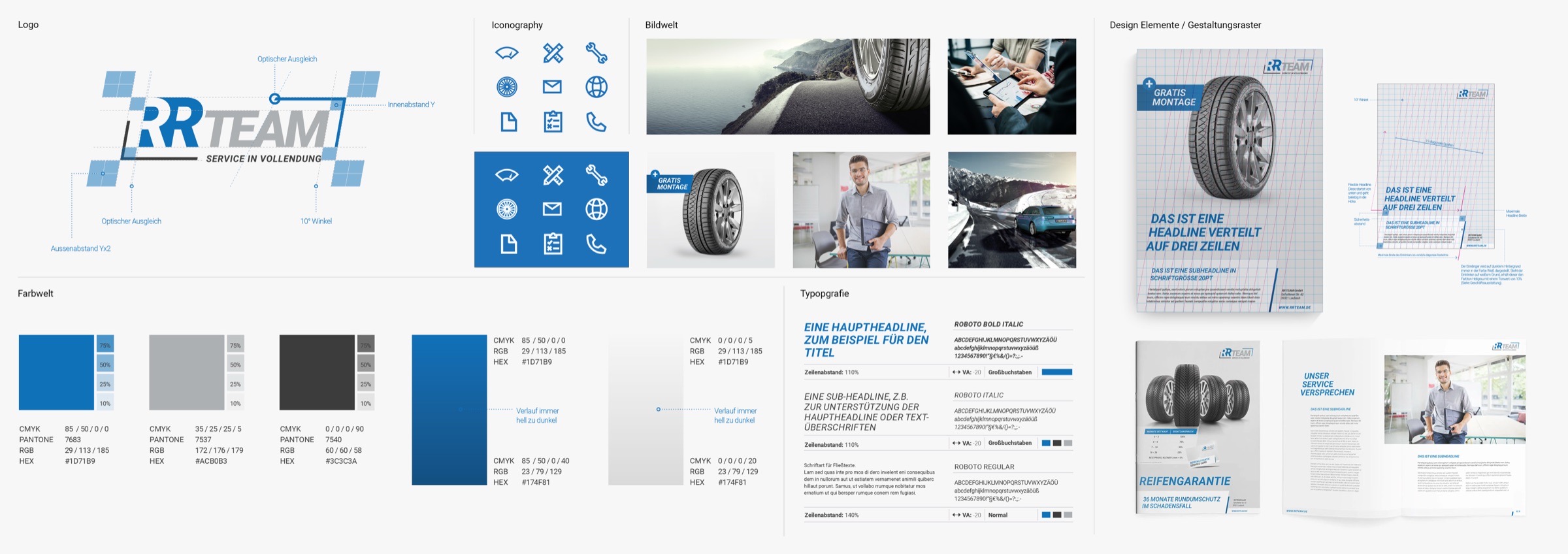 Corporate design moodboard RR-Team — logo, iconography, colour system, typography and layout grid